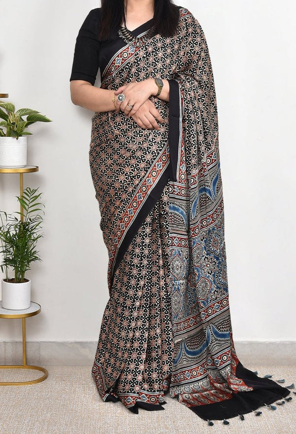 AJRAKH BLACK AND NAVY BLUE  MODAL SILK DIGITAL PRINTED SAREE