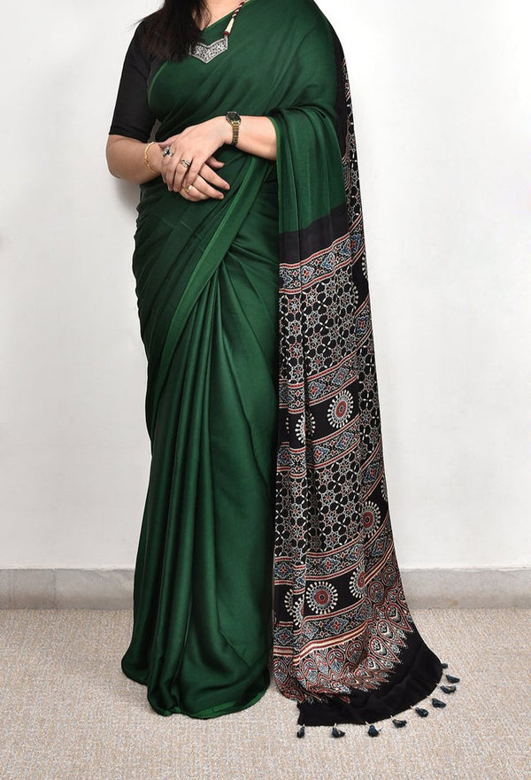 AJRAKH PALLU DARK FOREST GREEN MODAL SILK DIGITAL PRINTED SAREE