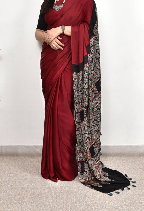 AJRAKH PALLU DARK MAROON MODAL SILK DIGITAL PRINTED SAREE